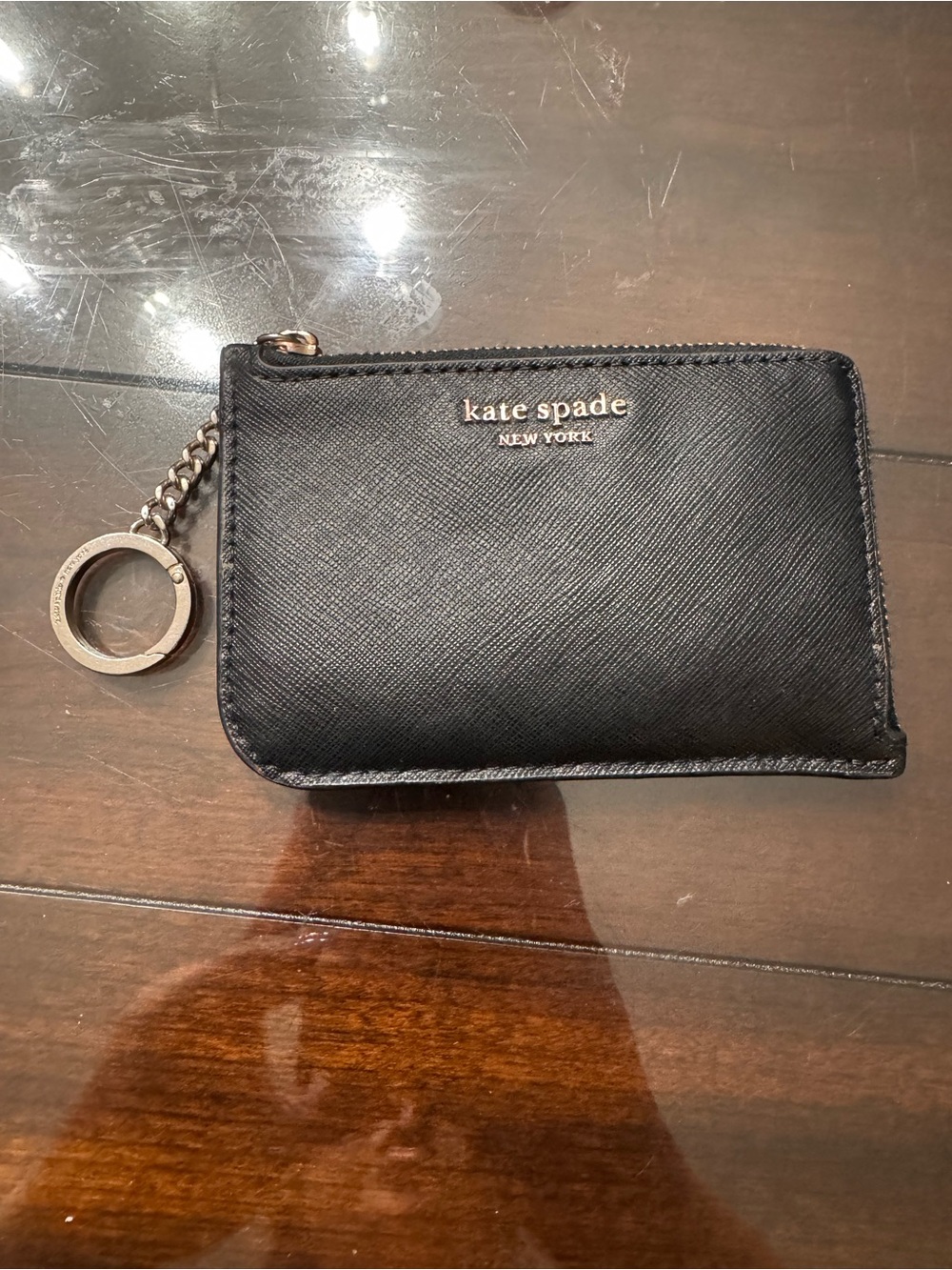 kate spade black Saffiano Leather Zip Key & Card Pouch with Chain Ring
